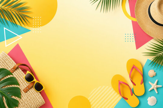 Tropical summer background beach accessory yellow flip flop hat straw bag sunglasses palm leaf sea shell travel holiday vibe on colorful pastel geometric shape
