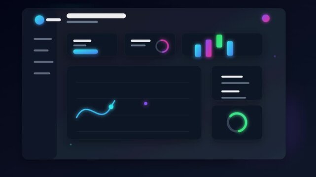 Dark mode financial dashboard animation video, futuristic desktop UI UX business screen transitions, SaaS Dashboard Motion, neon data graph analytics statistics looping stock footage