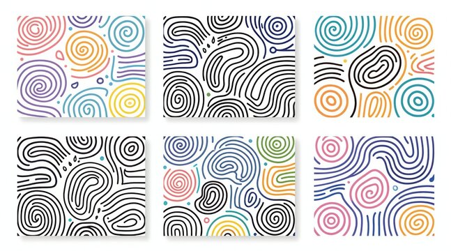 Abstract colorful line doodles form playful seamless patterns with basic shapes. Minimalist creative art background design for kids or trendy textile prints and kids decor items.