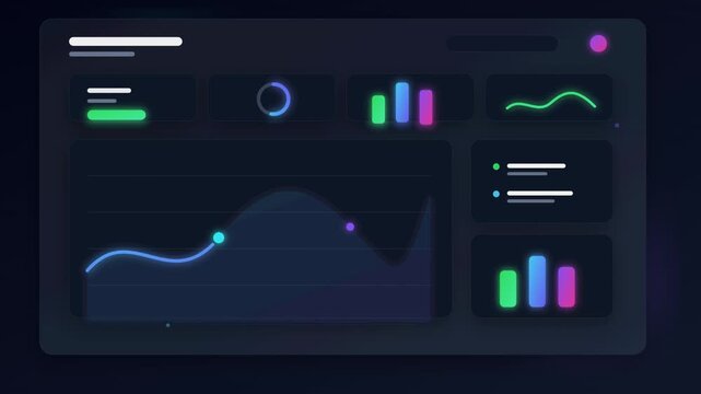 Dark mode financial dashboard animation video, futuristic desktop UI UX business screen transitions, neon data graph analytics statistics looping stock footage
