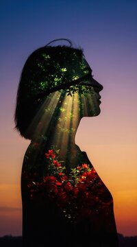 Human profile superposed with sunlit green branches red flowers. Sky sunset gradient blends nature spirit within silhouette. Inner peace concept.