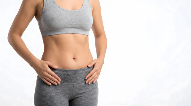 Slim woman in grey sportswear showing flat toned stomach while standing on white background