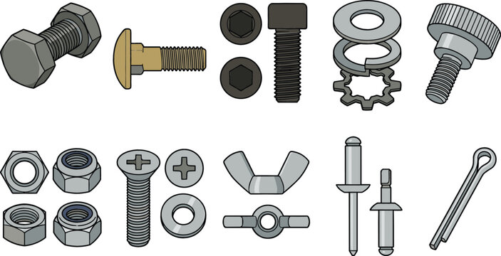 Fasteners and hardware components vector collection featuring bolts, nuts, screws, washers, rivets and industrial fastening equipment