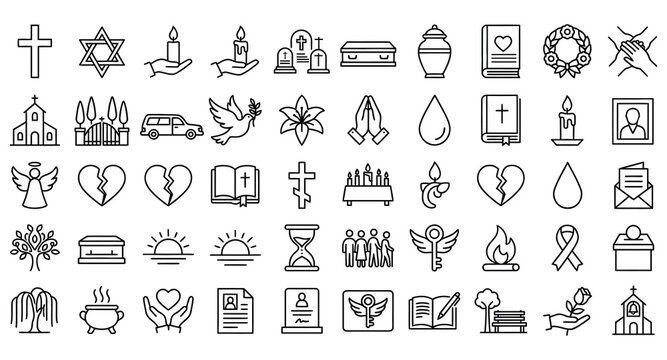 Collection of hand-drawn black and white icons and symbols on white background minimalist design
