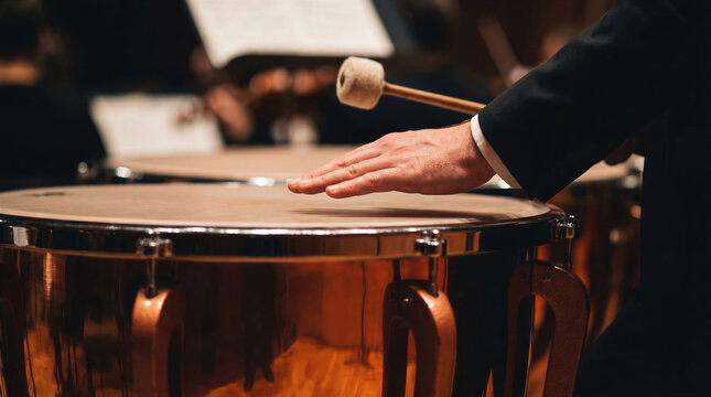  Close up of professional musician playing timpani drum in symphony orchestra with mallet. Classical music performance.