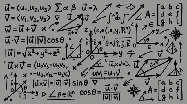 Mathematical equations and symbols on gray background.