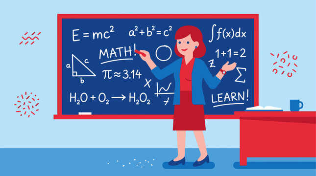 Female teacher standing in front of a chalkboard with mathematical equations.