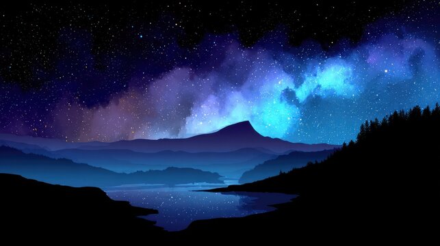 Vast celestial display illuminates a silhouetted mountainous landscape reflected in still water below