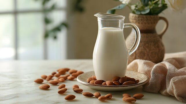 A glass jug of milk rests on a plate in soft morning light symbolizing health and gentle hyd n