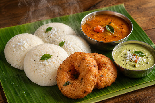 Freshly steamed idli and crispy vada with sambar and coconut chutney on banana leaf, traditional South Indian breakfast served with rising steam