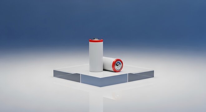 A pair of 2 aa batteries displayed on a minimalist glass pedestal against a blue gradient background, symbolizing portable power and energy storage.