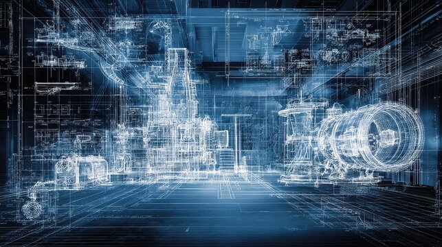 Engineering blueprint technical mastery and problem solving focus on industrial development theme dynamic Fusion illuminated architecture studio backdrop. 