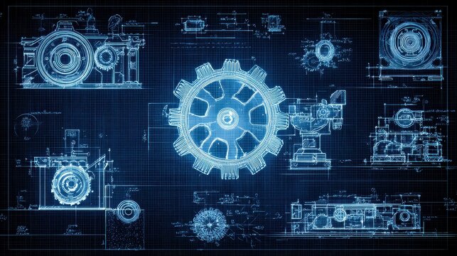 Engineering blueprint technical mastery and problem solving focus on industrial development theme dynamic Fusion illuminated architecture studio backdrop. 