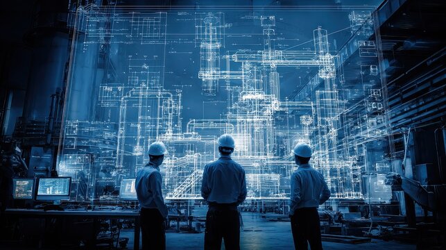Engineering blueprint technical mastery and problem solving focus on industrial development theme dynamic Fusion illuminated architecture studio backdrop. 