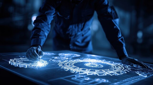 Engineering blueprint technical mastery and problem solving focus on industrial development theme dynamic Fusion illuminated architecture studio backdrop. 