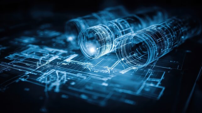 Engineering blueprint technical mastery and problem solving focus on industrial development theme dynamic Fusion illuminated architecture studio backdrop. 