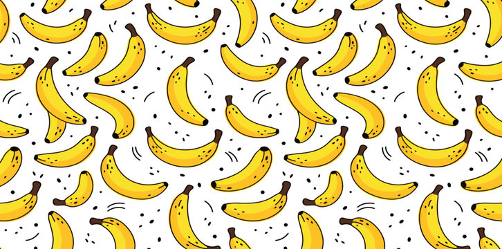 Cute Banana Seamless Pattern Vector Design with Hand Drawn Yellow Bananas and Doodle Confetti Dots Lines on White Background Fruit Wallpaper