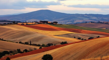 Fototapeta premium Rolling hills landscape with colorful fields, trees, distant mountains under cloudy sky. Peaceful countryside scenery with farmhouses dotting horizon. This panorama displays agrarian beauty, nature.