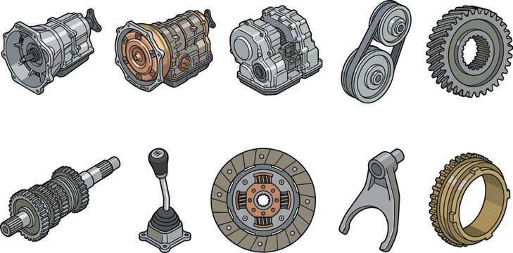 Automotive Transmission and Drivetrain Components Collection Featuring Gearbox Clutch Gear Shift Fork Synchronizer and Mechanical Parts Vector Set
