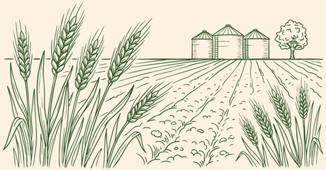 Fototapeta premium Rural Wheat Farm Landscape Illustration Featuring Agricultural Fields And Countryside Harvest Environment