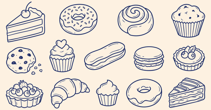 Bakery Dessert Icon Set Hand Drawn Pastry Collection Donut Cupcake Croissant Cake Muffin Sweet Food Vector Illustration Isolated On Transparent Background