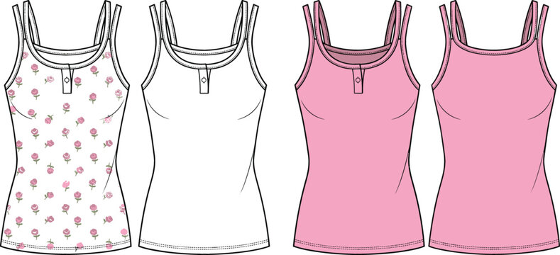 Women sleeveless camisole tank top technical fashion sketch template vector design with floral pattern print front and back views outline illustration