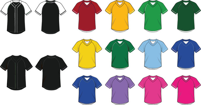 Baseball shirt and v neck sports jersey vector template collection in multiple colors showing front and back clothing mockups