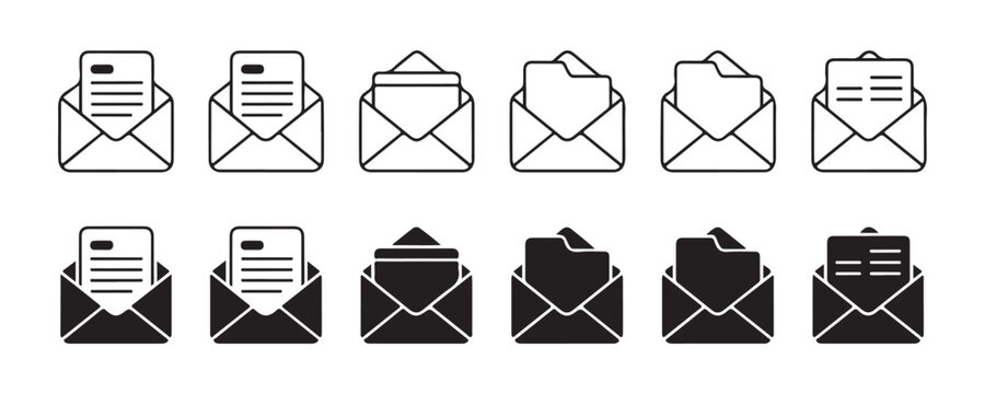 Set of eight black and white line art and silhouette icons depicting envelopes and documents for mail and communication.