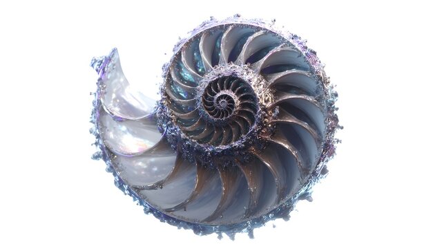 Abstract ammonite fossil shell 3d render iridescent nautilus fibonacci spiral pattern isolated on white background digital art