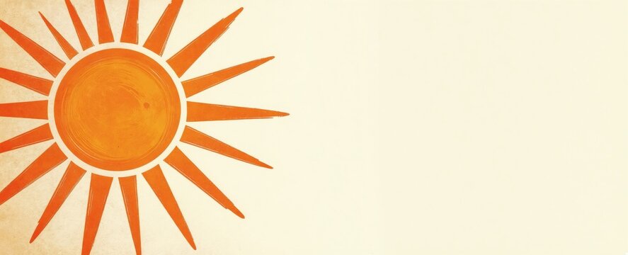 Orange sunburst with rough brushstrokes on cream paper texture. Stylized sun emanates rays with textured effect. Ideal for retro summer graphics or vintage design elements.