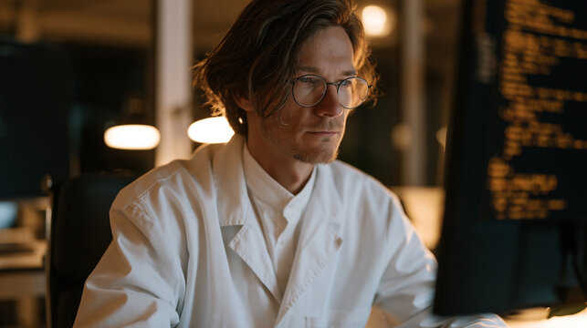 A malware reverse engineering specialist examines disassembled executable code under controlled conditions in a dedicated air-gapped analysis laboratory where physical security