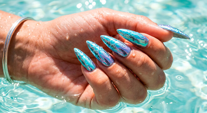 Mermaidcore stiletto nail extensions with iridescent metallic chrome pigment, textured fish scale art, summer nail design over a sparkling swimming pool background.