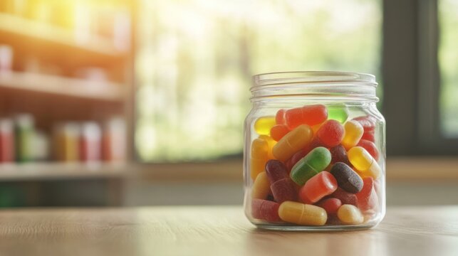 Colorful candies in a glass jar on a wooden table.