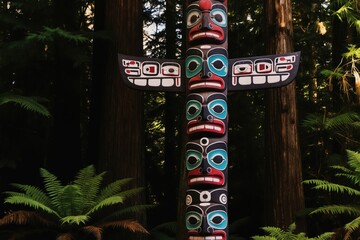 Obraz premium Tall, carved totem pole with colorful faces stands in a dense, green forest with ferns. The wooden art displays indigenous symbols and tradition, representing Pacific Northwest native culture.