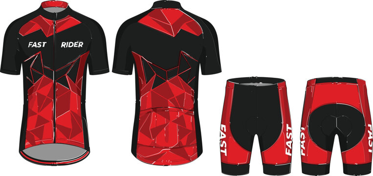 Cycling jersey and shorts kit vector template featuring red abstract geometric low poly pattern with fast rider chest text graphic