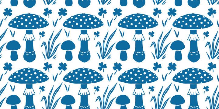 Blue mushroom and clover seamless pattern design for kids fabric wallpaper