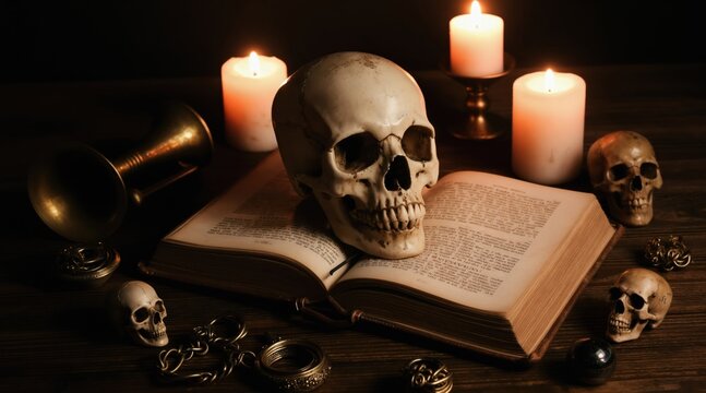 Human skull rests on old open book surrounded by lit candles and strange artifacts. Ancient text pages hint at dark secrets and forbidden knowledge. Mystical, eerie setup for occult or fantasy themes.