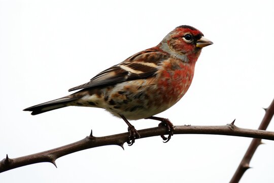Male common linnet bird perched on thorny branch. Small songbird with red brown plumage sits on twig, white background. Wild animal detail close up.