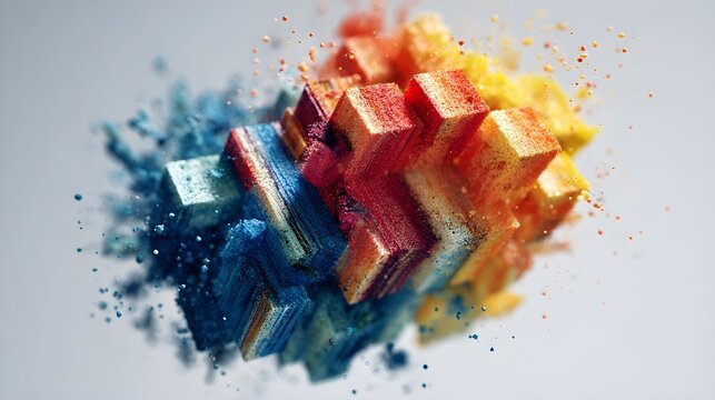 Abstract 3D blocks exploding with colorful powder spray, creative dynamic multi color particle burst on clean gray background