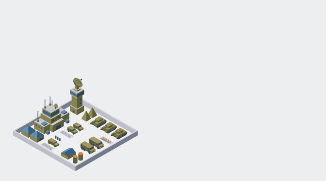 Minimal Isometric Military Command Post with Tanks Logistics and Copy Space Vector