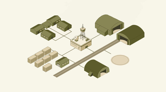 Minimal Isometric Military Base Airfield and Command Center Infrastructure Vector