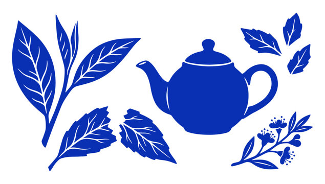 Tea time concept with blue teapot and herbal leaves on white background illustration