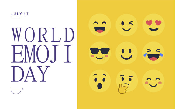 World Emoji Day Flat Design Banner with Cute Emoticon Set. playful typography, and vibrant colors perfect for social media campaigns, greeting cards, and digital communication themes.