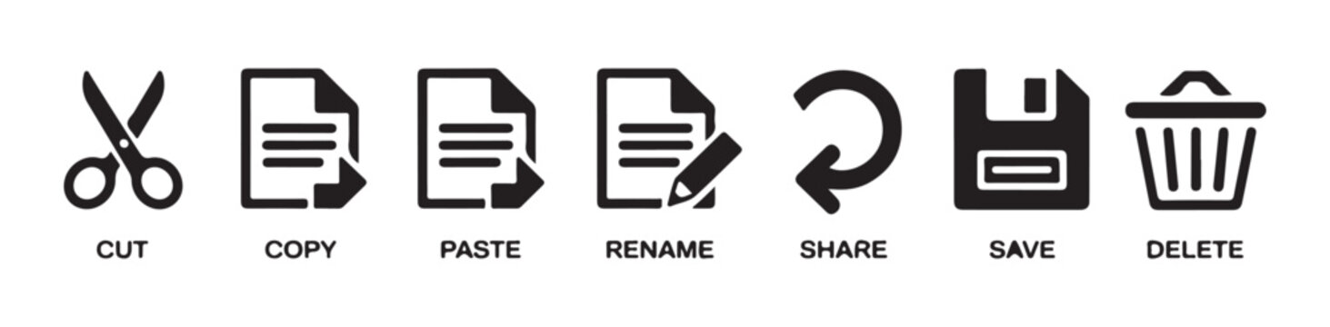 Selection of digital interface icons including cut copy paste rename share save and delete for applications.