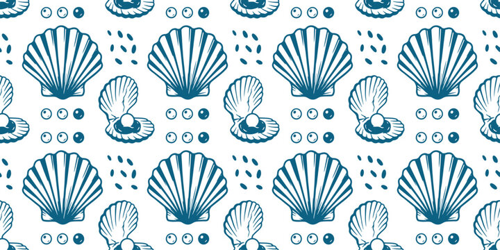 Scallop shells and pearls pattern, seamless design with ocean elements on white background