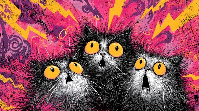 Funny shocked black cats illustration with big yellow eyes and lightning bolts on vibrant pink textured pop art style background