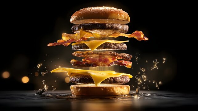 Exploded view of triple cheeseburger with floating layers of beef patties cheese and bacon over splashing liquid on black background