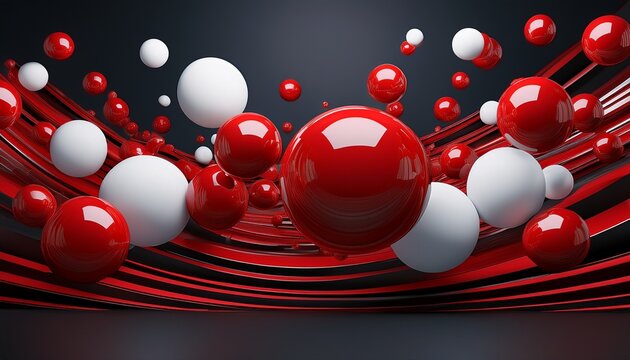 3d image style flying abstract red and white balls on dark background banner
