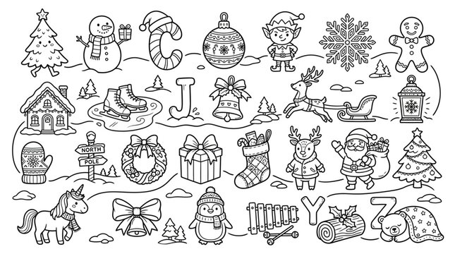 Christmas Doodle Art Collection: Santa, Snowman, Reindeer, Tree, Unicorn, Gifts, Snowflake