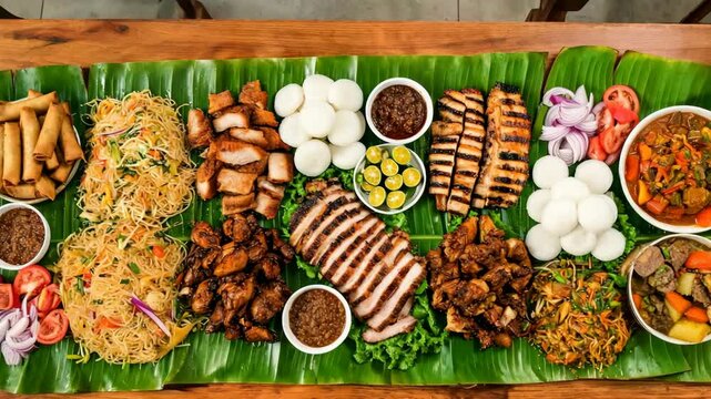 festive boodle fight meal table with traditional philippines delicacies video